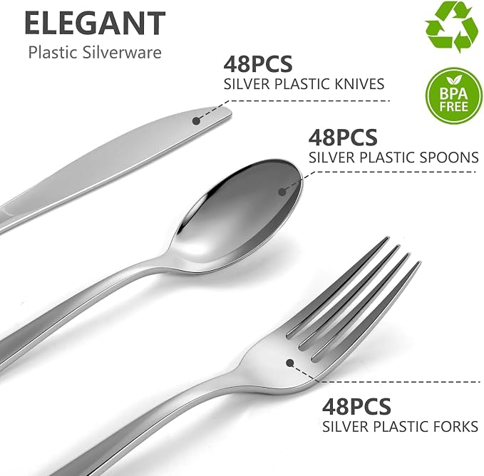 144 Pack Silver Premium Heavy Duty Plastic Silverware, 48 Forks, 48 Spoons, 48 Knives, For Catering, Parties, Dinners and Weddings, BPA-Free, Disposable Plastic Cutlery Set Utensils Set