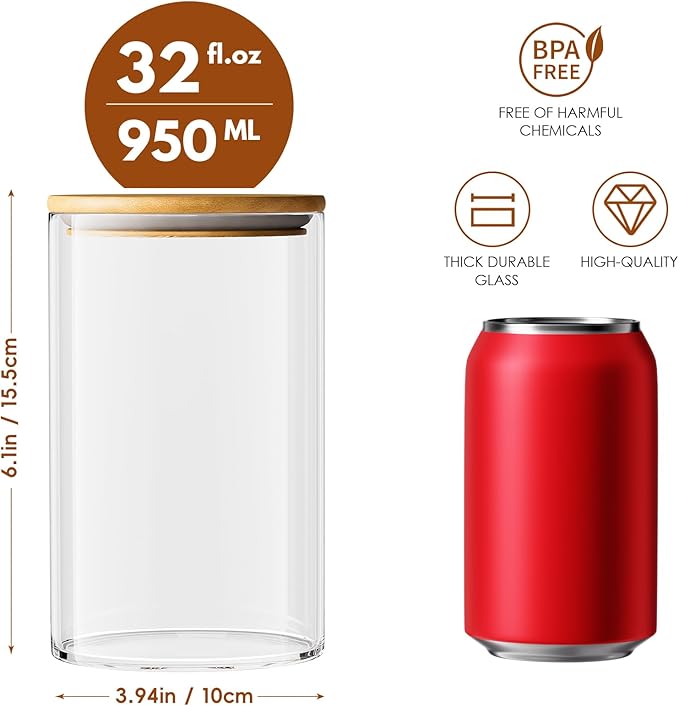 OneDream 32oz Glass Jar with Lid, 6 Pack Coffee Storage Canister for Candy | Seal, BPA-Free, Bamboo Lid, Coffee Bar Accessories, for Coffee Beans, Creamer, Salt, Overnight Oats, Brown sugar, Candy, Tea