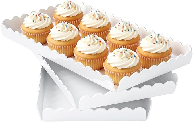 Acrylic Serving Trays 3 Pack, Glossy White Scalloped Acrylic Platters for Party Table Serving Food Cupcake Fruit, 12.9 x 7.1 Inch Reusable Catering Dessert Coffee Table Serving Tray for Wedding Event (Tray-White)