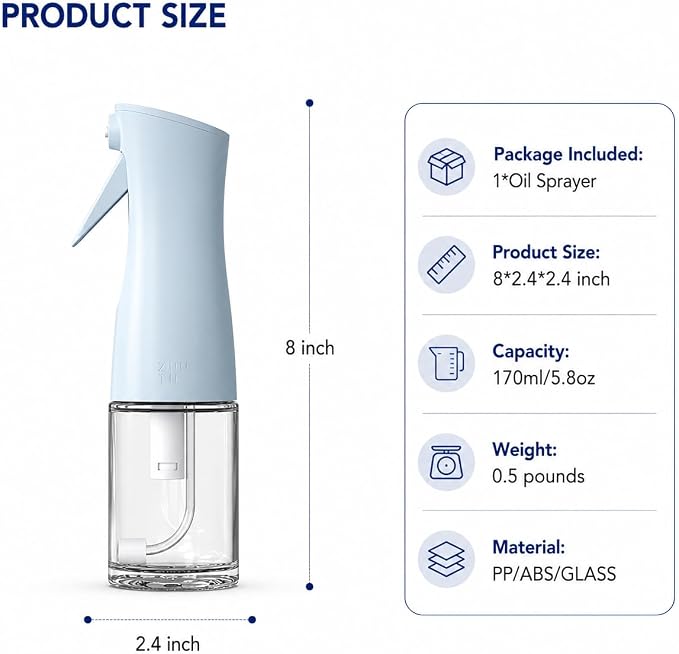 Zuutii Oil Sprayer for Cooking, 170ml Olive Oil Sprayer Mister, Olive Oil Spray Bottle for Salad, BBQ,Spray with Portion Control, Kitchen Baking, Roasting,Hairstyling (Light Blue)
