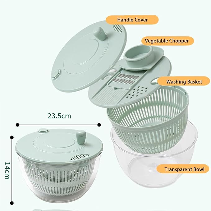 Large Capacity Multi-Function Salad Spinner with Quick Stop Button, Salad Spinner Stainless Steel, Salad Spinner Large, with 5 Blade Slicer Egg Yolk Strainer Shredder (White)