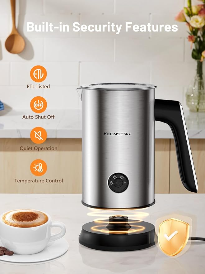 Milk Frother and Steamer, 4-in-1 Electric Automatic Milk Frother Hot & Cold | Stainless Steel, Temperature Safety Controls, 500W Fast Frothing, Warm or Cold Foam Maker, Large Capacity for Cappuccino