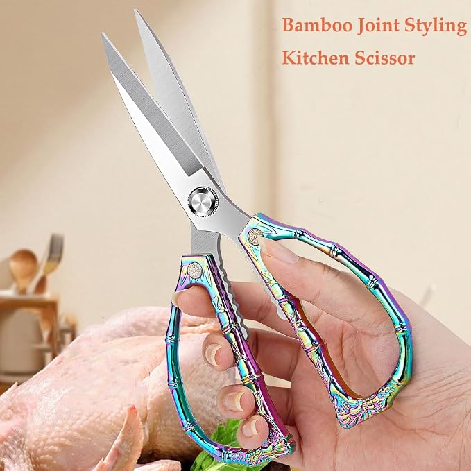 Multi-Purpose Kitchen Shears Scissors, Heavy Duty Stainless Steel Kitchen Scissors for Food with Strong Straight Edge Snips Colorful Handle (Bamboo joint)
