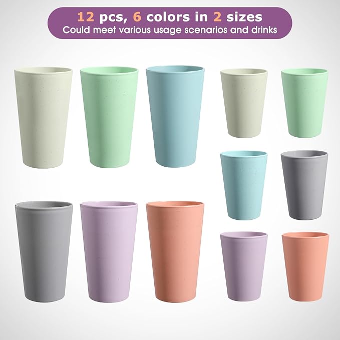 HEYCOME Set of 12 Wheat Straw Cups, 6 Pcs 20 oz & 6 Pcs 12 oz Unbreakable Drinking Cups, Reusable Plastic Cups Sets, Water Glasses Tumblers, Microwave & Dishwasher Safe, Bpa Free, 6 Colors