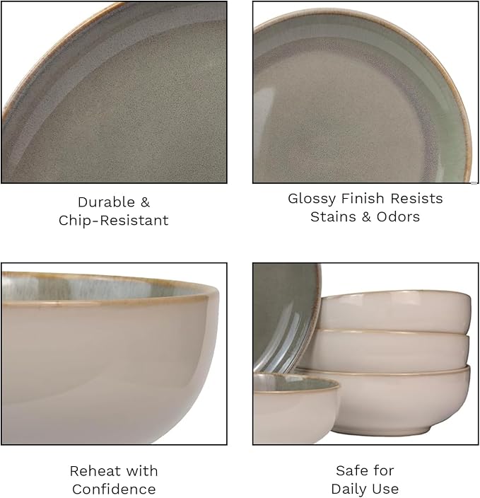 Sango 16-Piece Stoneware Dinnerware Set for 4, Glossy Cream/Green Big Dinner Plates and Bowls Sets with Reactive Glaze, Ceramic Dish Set, Modern Dishes, Microwave & Dishwasher Safe, Resona Moss