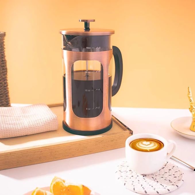 French Press Coffee Maker 8 cups 34 oz 304 Stainless Steel Coffee Press with 4 Filter Screens, Easy Clean Heat Resistant Borosilicate Glass - Free 100% BPA… (Copper-NRA1-S, 34oz)
