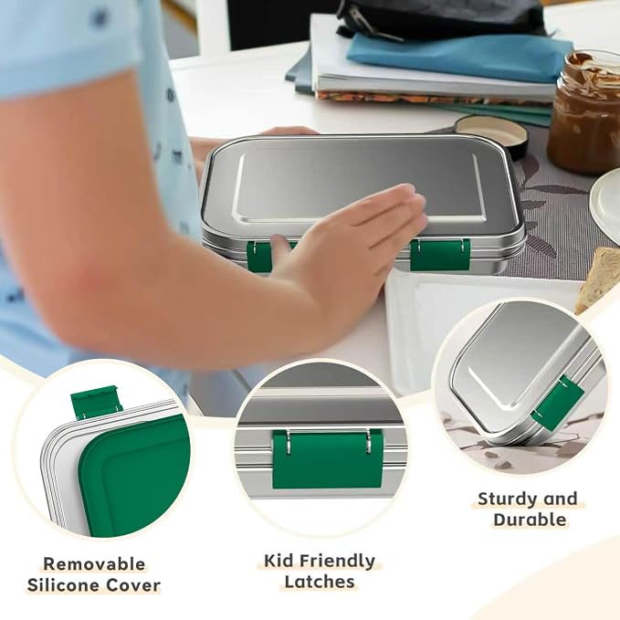 BOSEDSANG Stainless Steel Kids Leak-Resistant Bento Lunch Box, 3-Compartments with Silicone Container, Dishwasher-Safe, Child-Friendly Design for School, Picnics & Travel,BPA-Free (Green)