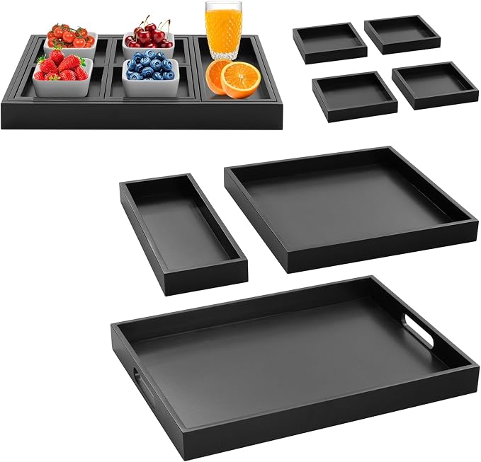 RRX Wood Serving Trays with Handles, Set of 7 Rectangular Tray,Black | Nesting Bamboo Tray for Breakfast in Bed, Kitchen, Entertaining, Couch, Party, Platters, Coffee Table, Countertop Home Decor