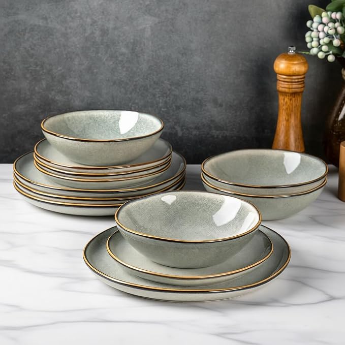 AmorArc Ceramic Dinnerware Sets for 6, 18Pcs Plates and Bowls Sets Dishes | Stoneware Handmade Reactive Glaze Dinner Set, Highly Scratch Resistant | Dishwasher & Microwave Safe Dishware