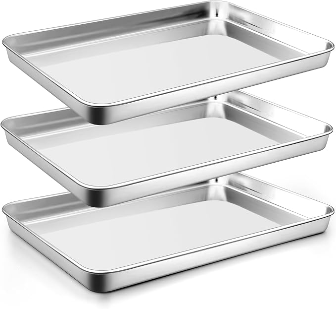 P&P CHEF Baking Sheet Pan, Stainless Steel Cookie Sheet, 16 Inch & 3 Pcs | Oven Tray Sheet Pan for Baking & Serving, Baking Tray for Multi Uses, Heavy Duty & Non-toxic, Rust Free & Dishwasher Safe