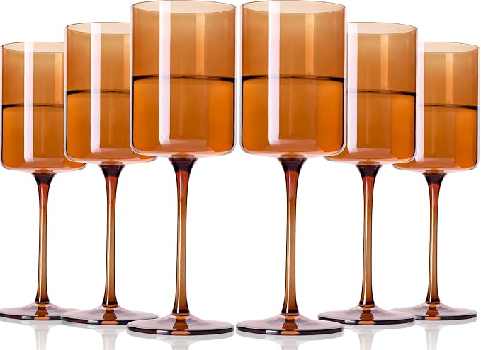 Amber Wine Glasses Set of 6 - 14oz Hand Blown Square Colored With Tall Long Stems, Modern Set for All Occasions