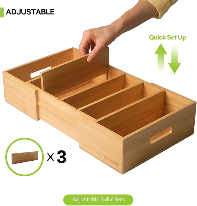 Expandable Bamboo Kitchen Cabinet Organizer for Food Container Lids Holder | Adjustable drawer organizer with 3 dividers for food container lids, bamboo lid organizer for kitchen cabinet lid storage