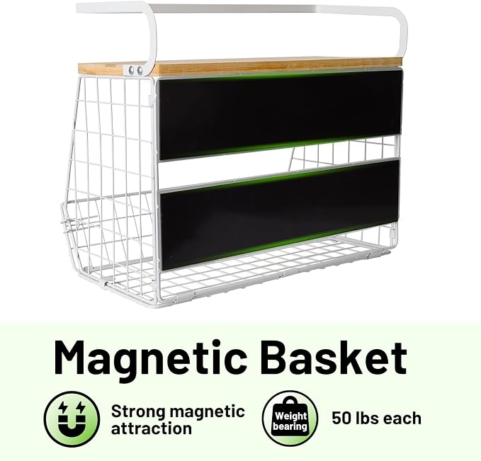 Magnetic Fridge Shelf with Wood Lid, Fruit Potato Onion Storage Bins, Pantry Organizers, Large Container Spice Rack for Refrigerator, Kitchen Counter, Cabinet (1, White)