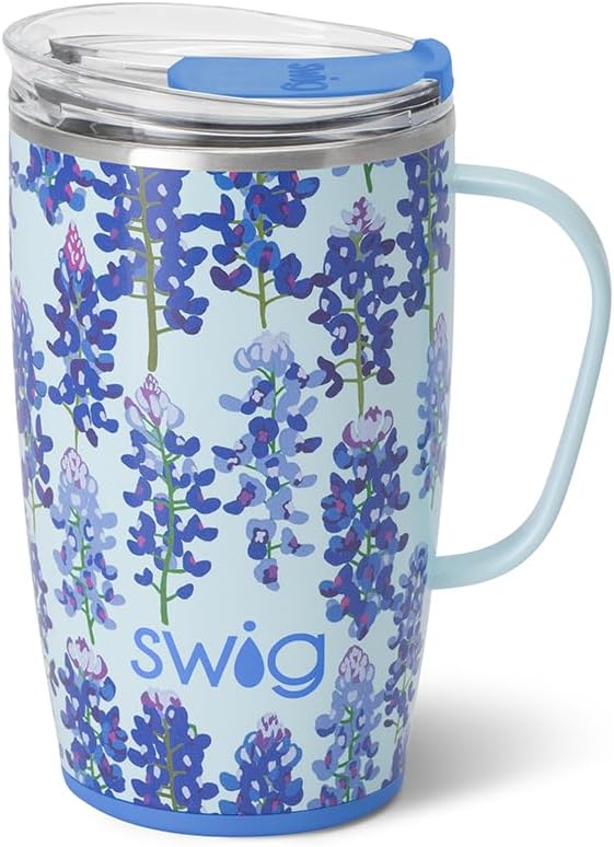 Swig Life 18oz Insulated Travel Mug with Handle & Lid, Bluebonnet | Triple Insulated Stainless Steel - Handle & Lid Included - Keeps Coffee Hot or Cold - Cup Holder Friendly