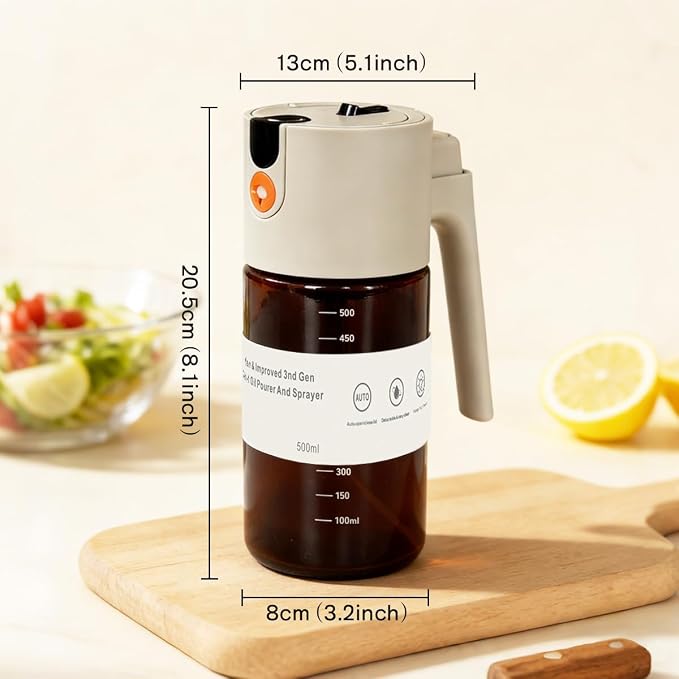 2 in 1 Oil Sprayer & Dispenser for Cooking, 500ml Light-Blocking Glass Olive Oil Bottle with Gravity Sensing Cap, Ergonomic Push-Button Design for Air Fryer, BBQ, Salad