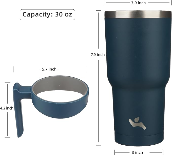 Konokyo 30 oz Tumbler with Handle and Straw, Insulated Travel Mug | Navy Blue; BPA-free, leak-proof tumbler with 2 lids, 2 straws, cup holder fit for coffee, office, travel & daily use