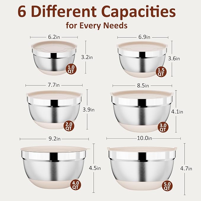 9 Pack Mixing Bowls with Airtight Lids & Grater Attachments, Khaki | Stainless Steel Bowl, Non-slip Bases, Nesting Kitchen Bowl, Size 5, 4, 3, 2, 1.5,1QT,for Food Prep, Baking, Storage & Serving