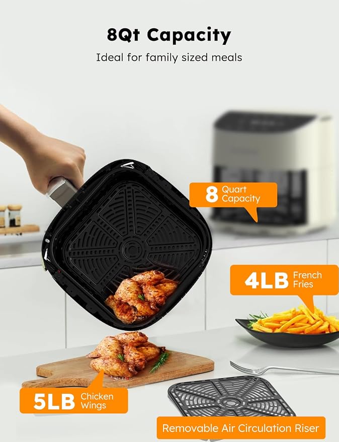 Nuwave Brio Plus 8 Qt Air Fryer, PFAS Free, New & Improved, 50-400°F in 5°F | Digital Touchscreen, Cool White Display, Ceramic Nonstick Coating, 5 Cook Modes, 100 Presets/50 Memory, 700/1500/1800W, Cream