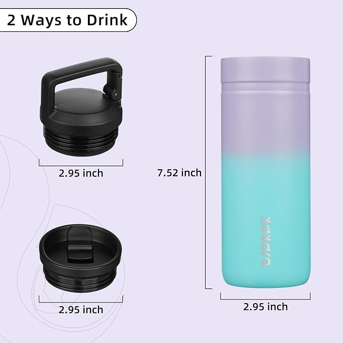 BJPKPK 20 oz Insulated Travel Water Bottle, Coffee Tumbler Stainless Steel | Double Wall Vacuum, Leakproof, Thermal, Keeps Hot/Cold, Dishwasher Safe, Spill Proof, Wide Mouth, 2 Lids, Lavender Green