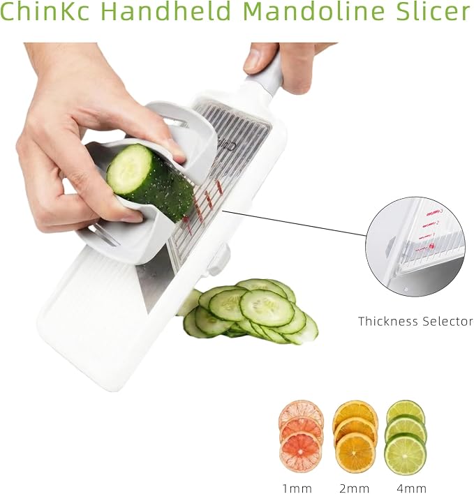 Upgrade Handheld Mandoline Slicer for Kitchen - Adjustable 3-Thickness, Longer Comfort Ergonomic Grip, Bigger Safety Handle, Easy to Clean, Ideal for Speedy Slicing of Vegetables and Fruits