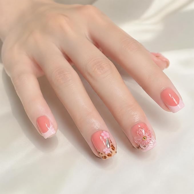 Flower Press on Nails Handmade 3D Pink Flower Designs Leopard Print French Tip Acrylic Nails Luxury Homemade Press on Nail Art Salon Quality Short Square Fake Nails for Women (M)