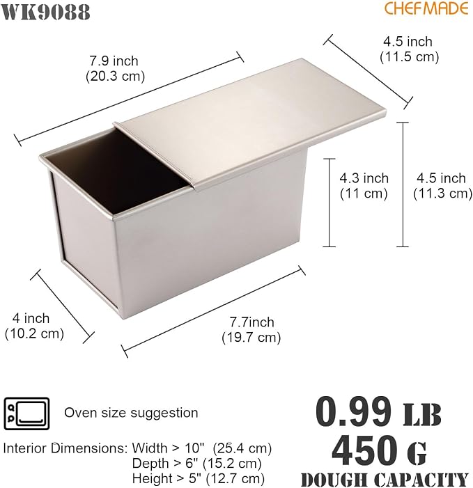 CHEFMADE Pullman Loaf Pan with Lid, 1Lb Dough Capacity Non-Stick Rectangle Flat Toast Box for Oven Baking 4" x 7.7"x 4.3"(Champagne Gold)