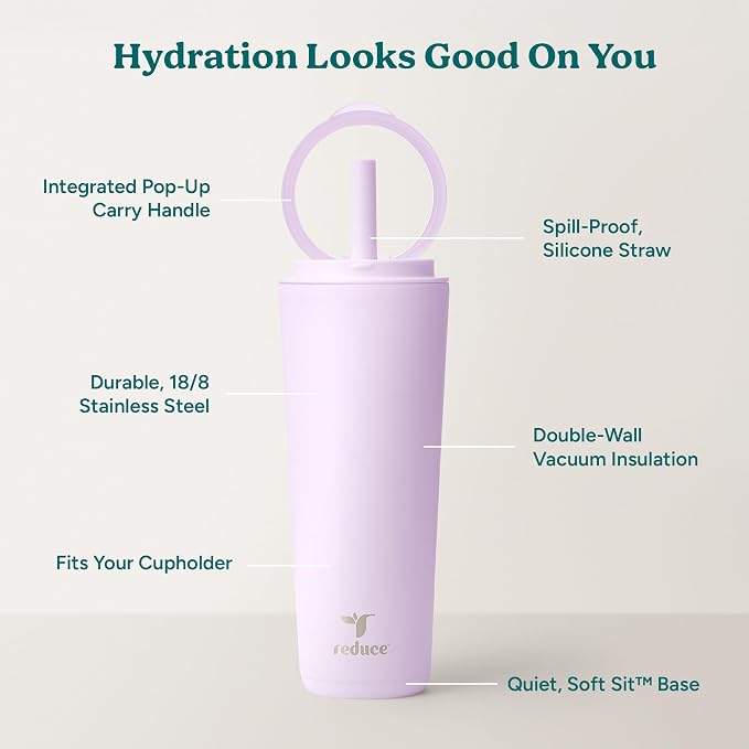 REDUCE Halo 24 oz Stainless Steel Vacuum Insulated Tumbler - Spill Proof Travel Mug with Flip Handle Lid - Keeps Drinks Cold for 32 Hrs - Dishwasher Safe - Cupholder Friendly - Lilac Bud