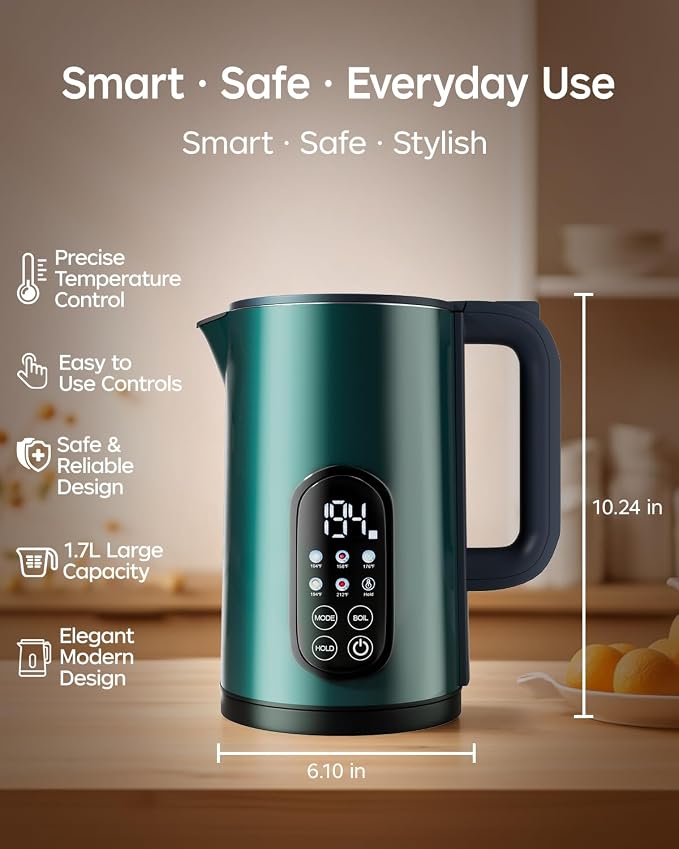 1.7L Stainless Steel Electric Kettle with Temperature Control – Green | 5 Preset Temperatures for Tea & Boiling Water, 2H Keep Warm, 1200W BOIL Mode, 304 Stainless Steel Interior, Cordless Base