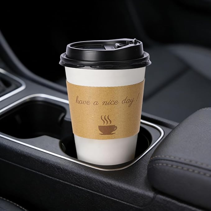 BYSNOW 20 oz 50 pack Disposable Paper Coffee Cups with Lids To Go Cups | Paper To Go Cups with Lids, Sleeves and Stirring Sticks, for Home, Office and Party (White 20oz)