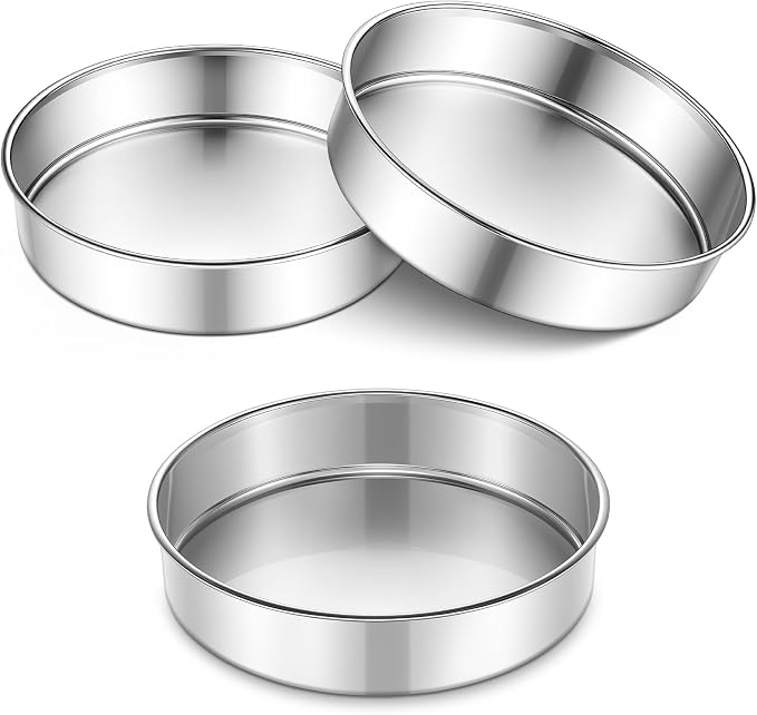 P&P CHEF 9 Inch Cake Pan Set of 3, Stainless Steel Round Cake Baking Pan | Layer Cake Tin Bakeware for Cooking Steaming, Ideal for Birthday Wedding Anniversary, Fit for Home & Commercial Use