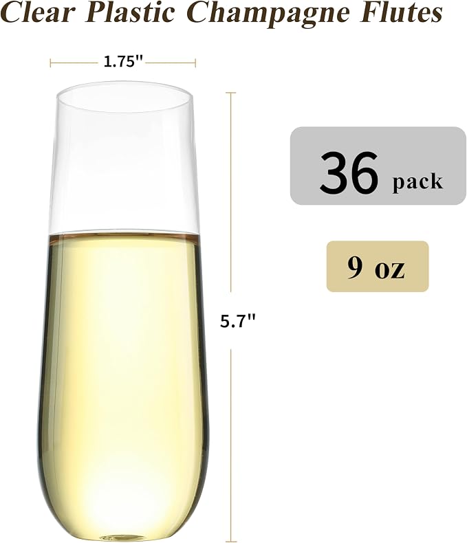 Bestluck 36 Pack 9 oz Clear Stemless Plastic Champagne Flutes | Clear Disposable Champagne Toasting Glasses, Shatterproof and BPA-Free Drinkware for Party & Graduation & Wedding