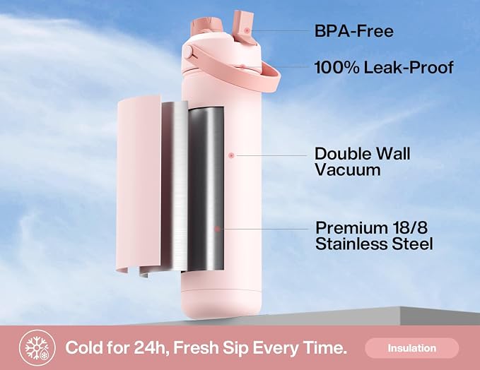 POWCAN 26 oz Insulated Water Bottle with 2-in-1 Straw and Spout Lid, Keep Cold 24H, Leak-Proof, Fits in Car Cup Holder, Stainless Steel Water Bottle for Sports, Travel, Gift (Sun-Kissed Strawberry)