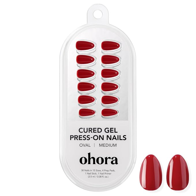 ohora Gel Press On Nails | Red, Solid, Medium Oval | Classic Red | Salon-Quality, 100% Real Gel, No UV Lamp, No Glue, Non-Toxic | 15 Sizes, 30 Tips | Long Lasting press ons, K beauty nails