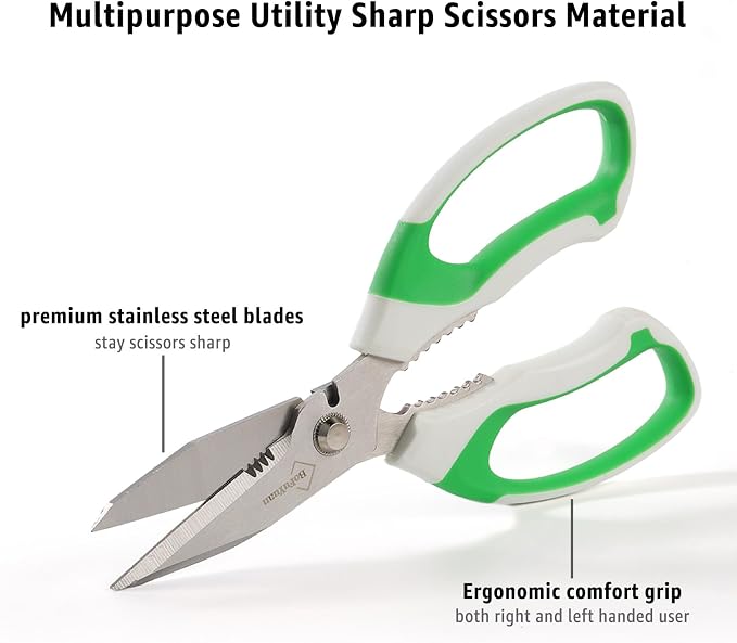BoFuYuan Utility Scissors All Purpose heavy duty 8-Inch Green | Comfort Grip, Sharp Serrated Blades Cutting Carpet Cardboard Wire Fabric, Multipurpose Shears for Kitchen Garden Office Craft