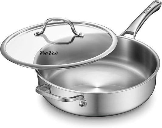 VocVoi Saute Pan,7 Quart Saute pan,Stainless Steel Cookware,skillet,12.5 inch Stainless Steel Saute Pans with Lid,Dishwasher and Oven Safe, Works on All Cooktops