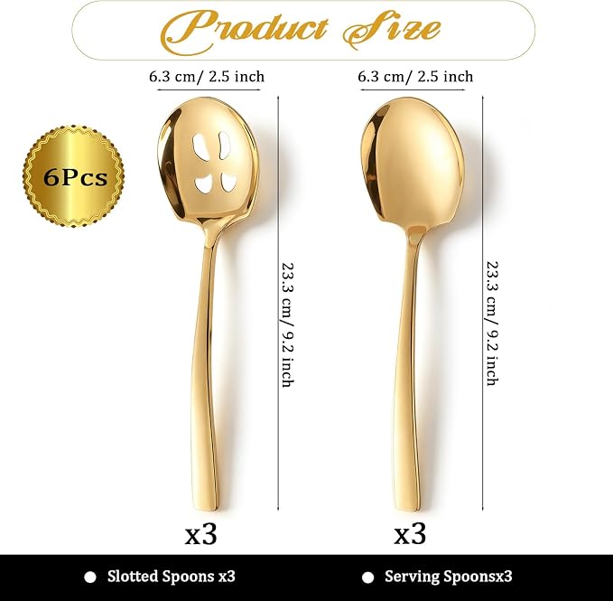 6 Pcs Serving Spoons Set, 9.2 Inch Gold Slotted Spoons | Long Handle,Dishwasher Safe Stainless Steel Metal Spoons Buffet Banquet Large Utensils Cutlery Set for Parties and Kitchen