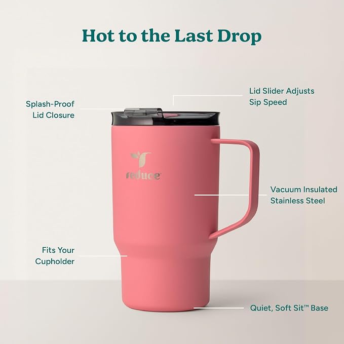 REDUCE Hot1 18 oz Insulated Stainless Steel Mug - Temperature Adjusting Lid | Dual-wall vacuum, keeps drinks hot for 6 hours, cupholder friendly, ideal for coffee & tea, Baked Clay color
