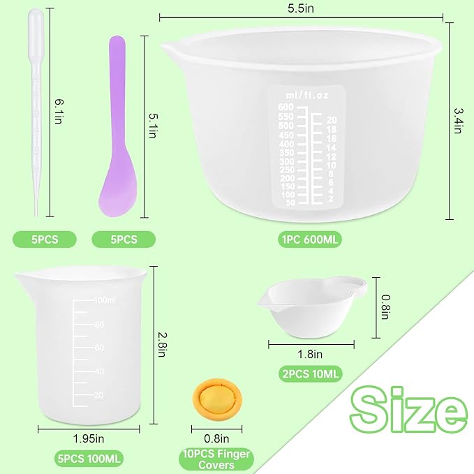 Sjubaopen Silicone Measuring Cups 600ml for Resin, Epoxy, Baking | Easy to clean, Heat Resistant, Thickened, 100ml+10ml, Stir Sticks, Droppers, Finger Cots for Wax,Chocolate, Jewelry