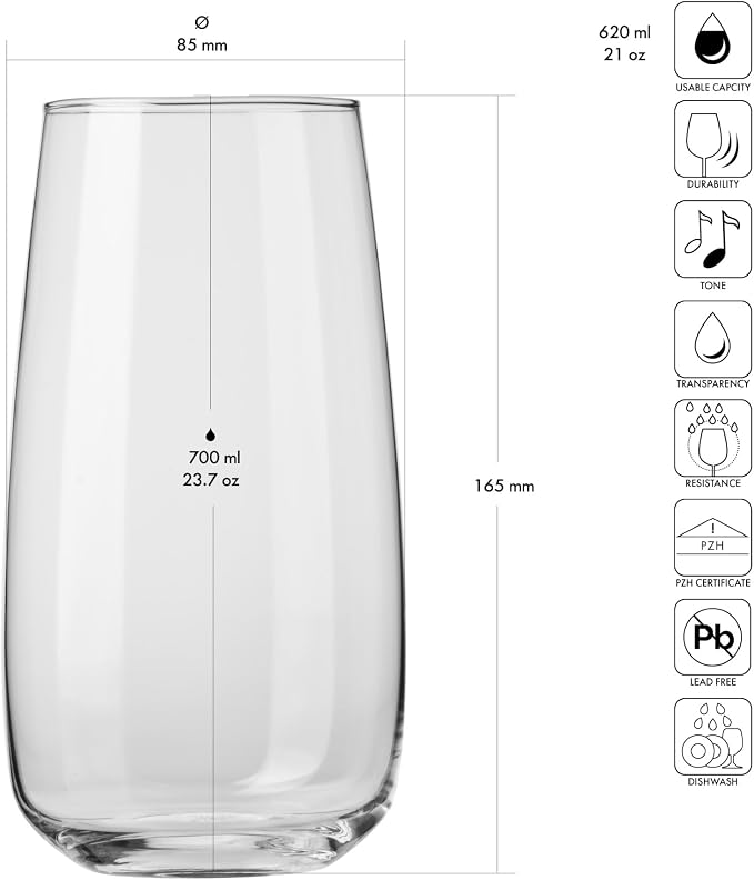 KROSNO Water Glasses Set of 6, 23.7 oz, Modern Collection | Drinking Glasses, Lead-Free Crystal Glassware, Juice Glasses, Water Glass Set, Dishwasher Safe, Made in Europe