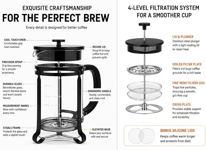 French Press Coffee Maker 34oz, Glass Coffee Press With Extra Filter-Black | Thickened Glass Stainless Steel, for Coffee, Cold Brew,Tea & Cocoa