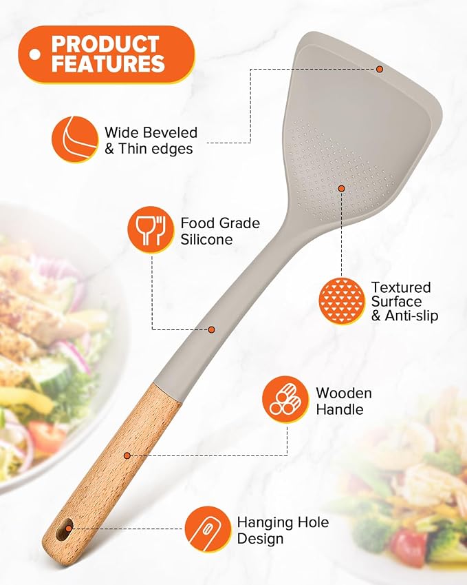 Silicone Cooking Utensils Set, Safe for Nonstick Cookwares, Khaki | Perfectly Angled for Frying, Mixing,Serving,Draining,Turning and Stirring, BPA-Free Matte Silicone, Wood Handles,4 Pack
