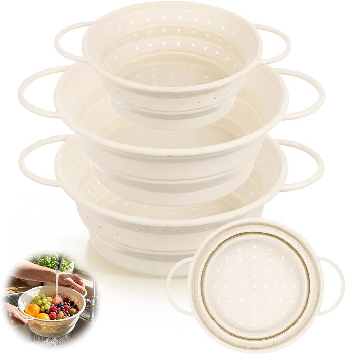 3 Pack Collapsible Colander with Strainer Bowl Set,White | 11 & 13 In Silicone Colanders for Kitchen, Heat-Resistant Strainer Dishwasher Safe Baskets for Vegetable Fruits