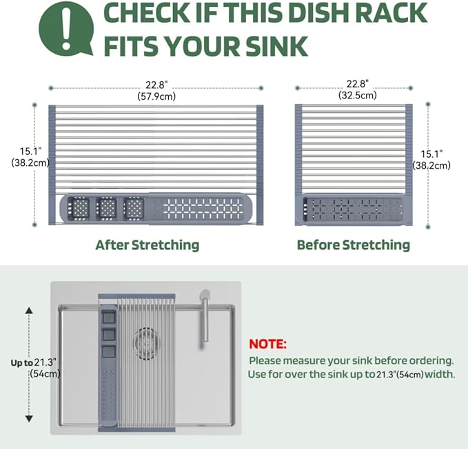 BBXTYLY Expandable Roll Up Dish Drying Rack,Over The Sink Drying Rack Sink Kitchen Accessories Rolling up Stainless Steel Drainer, Foldable with Removable Utensil Holder(Gray)