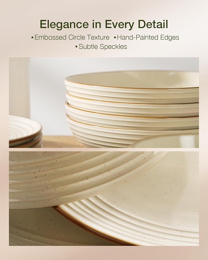 Famiware Jupiter Stoneware Dinnerware Sets, 18-Piece Speckled Dishes for 6 | Ceramic Plates & Bowls with Rim, Chip & Scratch Resistant, Microwave & Dishwasher Safe, Everyday Use, Neutral Vanilla White