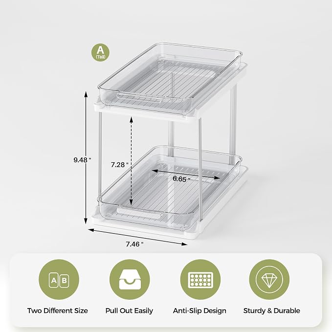 Delamu 2-Tier Bathroom Under Sink Organizers and Storage, Pull Out Cabinet Drawers with Anti-Slip Design, Multi-Purpose Storage for Kitchen, Pantry, Bathroom & Home Organization, White, 1 Pack