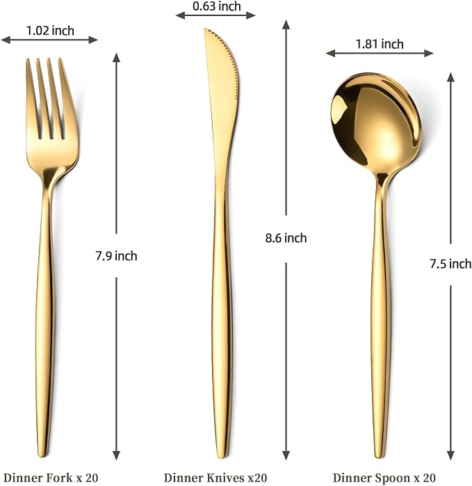 60-Piece Gold Silverware Set for 20, Food Grade Stainless Steel Flatware Set with Thickened Forks Spoons Knives, Mirror Polished Gold Cutlery for Wedding Party Restaurant, Dishwasher Safe