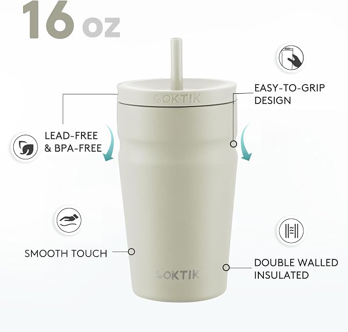 COKTIK 16oz Insulated Tumbler with Lid and Straw Iced Coffee Cup Reusable Stainless Steel Travel Mug Water Bottle Cupholder Friendly for Women Men Her Him (Almond Birch)