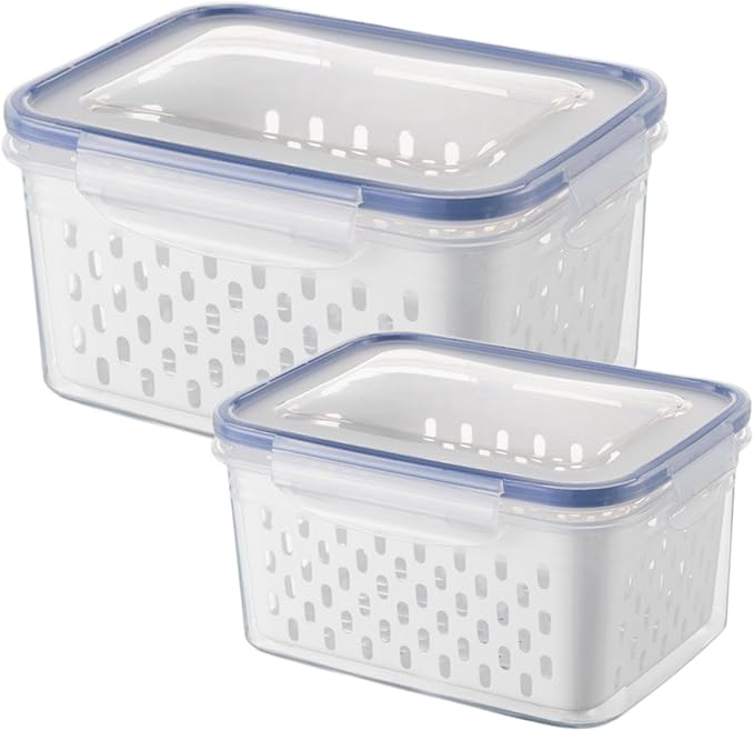 2pcs Fruit Storage Containers for Fridge, Leakproof Food Storage Containers with Removable Colander Airtight Food Storag-e Container Keep Produce Vegetables Berr-y Fresh Longer(COLOR:Clear White)