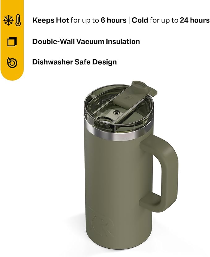 RTIC 16oz Road Trip Travel Mug with Lid and Handle, Ceramic Lined, Olive | Stainless Steel Metal, Insulated Travel Cup for Hot and Cold Drinks, Coffee, Car, Camping and Travel