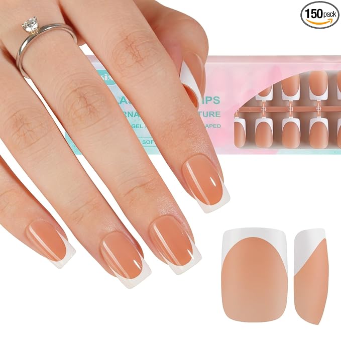 Misssix 160Pcs French Tip Press on Nails Short Square Brown Gel Fake Nails | No Need to File Tips Pre-lasting, Fake Nails for Nail Art DIY 16 Sizes